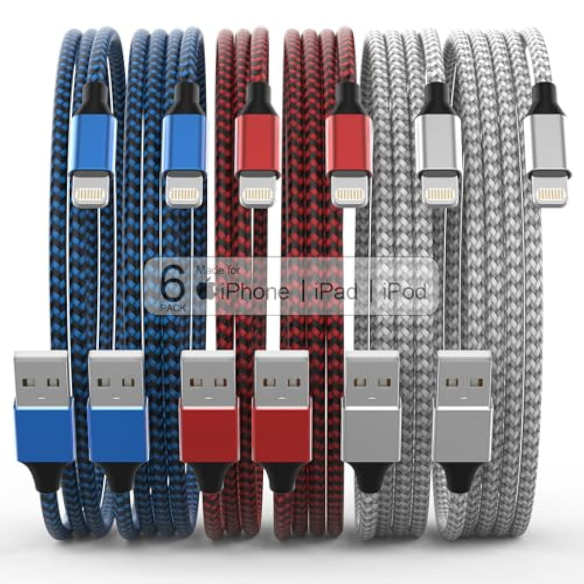 [Apple Mfi Certified] 6Pack 3/3/6/6/6/10 Ft Iphone Charger Nylon Braided Fast Charging Lightning Cable Compatible Iphone 14 Pro/13 Mini/13/12/11 Pro Max/Xr/Xs/8/7/Plus/6S/Se/Ipad