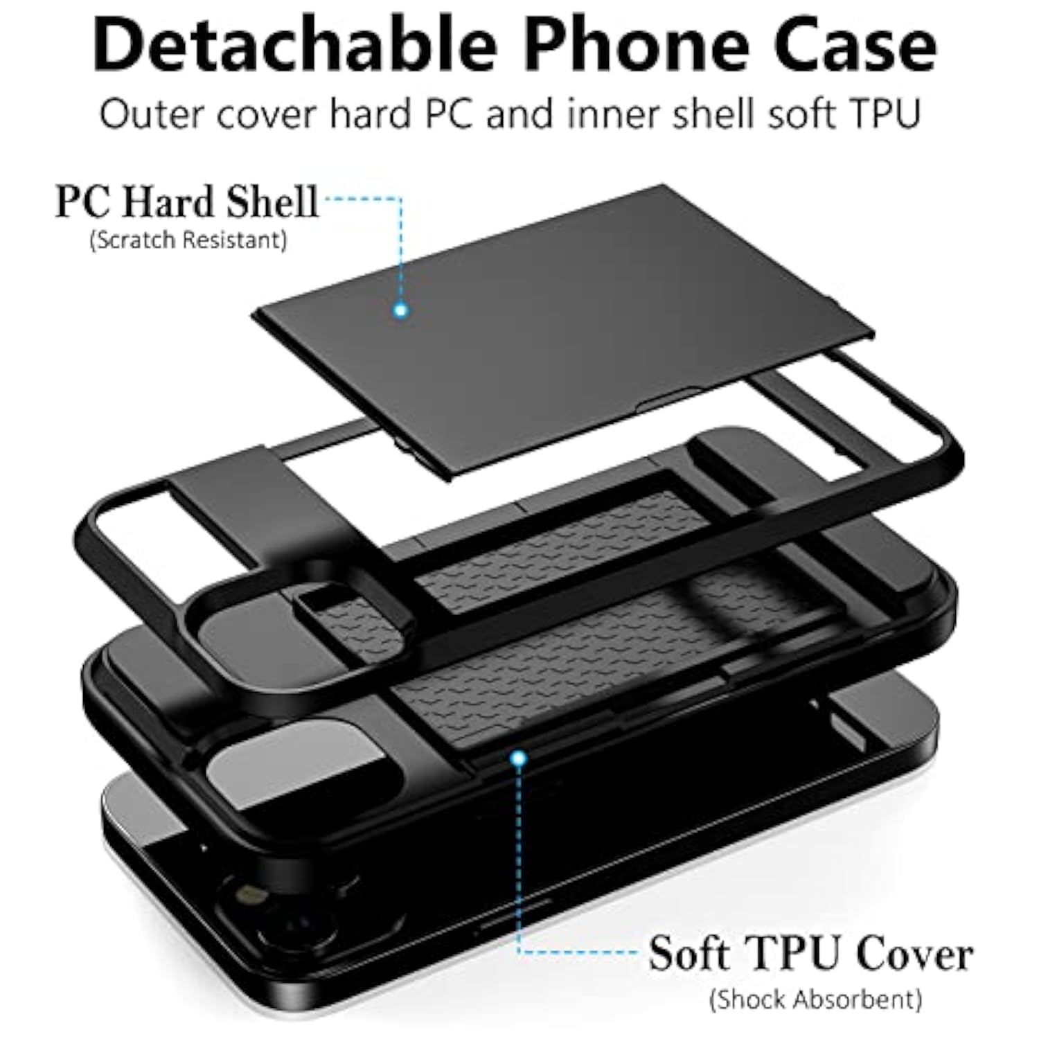 Compatible With Iphone 15 Case With Card Holder, Dual Layer Shockproof Wallet Phone Case, Hidden Card Slot Sliding Protective Hard Shell Back Cover Slim Case For Iphone 15, 6.1 Inch Black