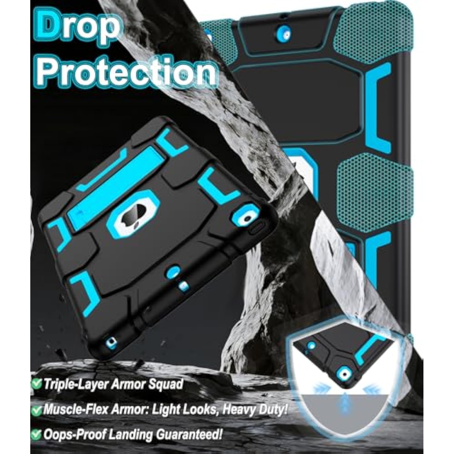 9Th Generation Case, 8Th/7Th Generation Case, 10.2 2021/2020/2019 Case With Kickstand, Heavy Duty Shockproof Hybrid Three Layer Protective Cover For Kids Boy Girl, Black+Sky Blue