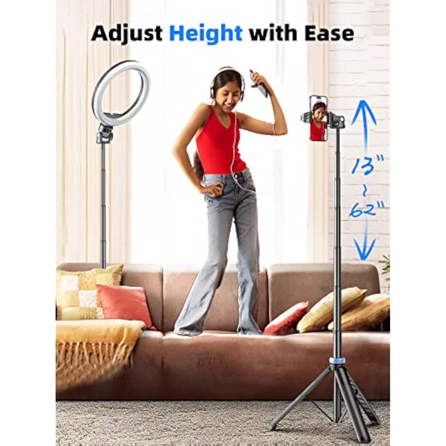 62" Phone Tripod & Selfie Stick, Extendable Photography Light Stand With Wireless Remote, Solidest, Portable, Lightweight, Compatible With Iphone/Android Phone