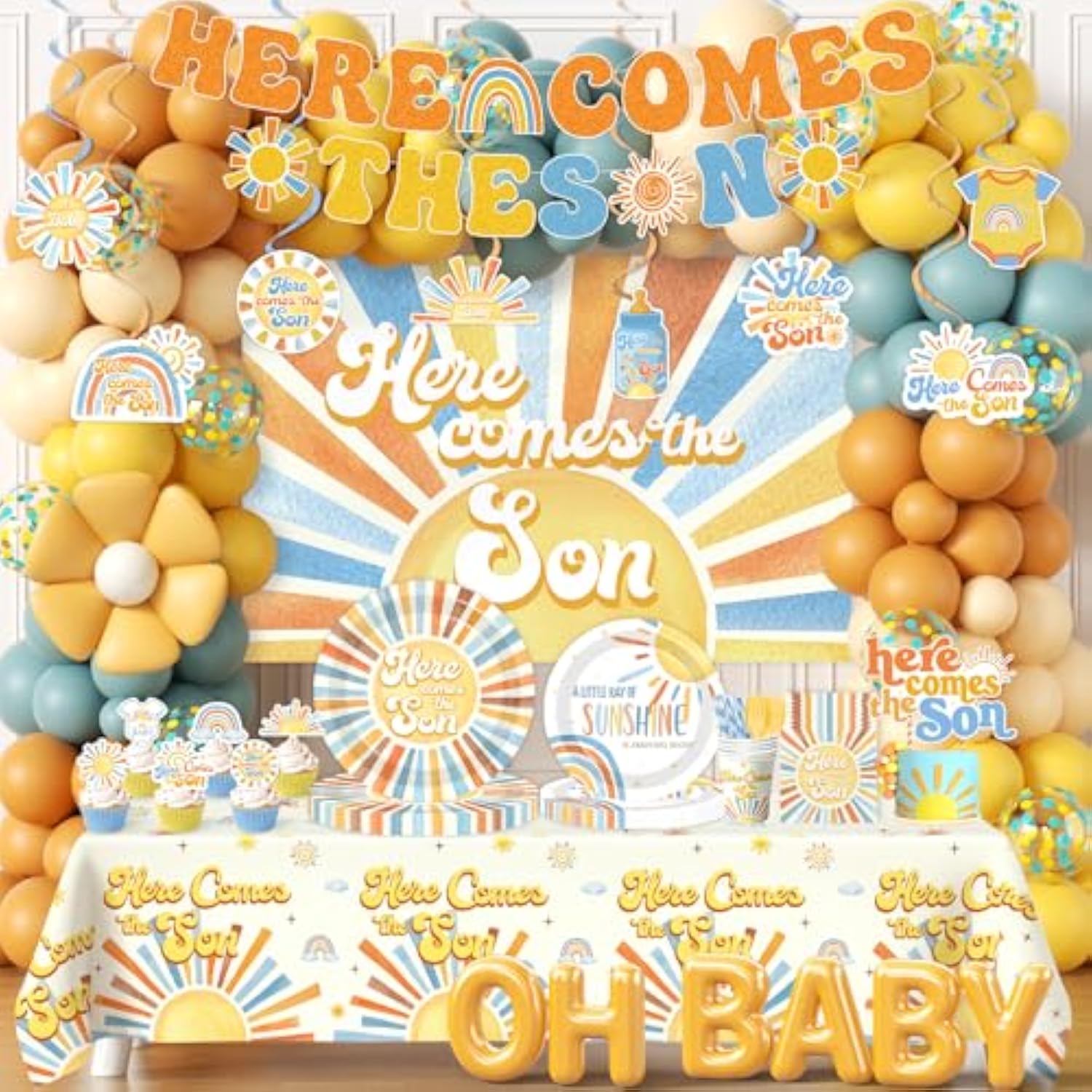Here Comes The Son Baby Shower Decor - Boho Sun Baby Shower Party Tableware With Balloon Arch,Cake Topper,Banner Decorations For Boys Retro Boho Sun,You Are My Sunshine Party Supplies