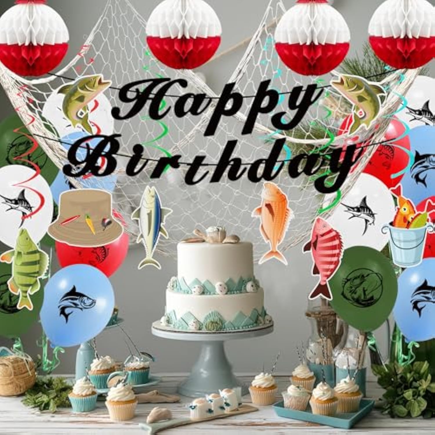 Gone Fishing Party Kit with Hanging Banner, Swirls, Balloons (Happy Birthday)