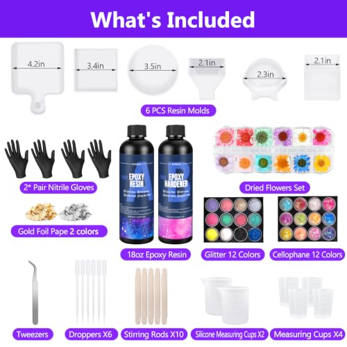 Epoxy Resin Kit For Beginners, Resin Kit With Molds, 18Oz Epoxy Kit With Dried Flowers, Measuring Cups And Resina Supplies