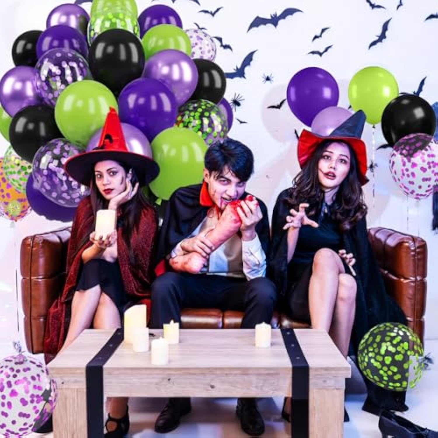 Purple Green Black Halloween Balloons Set 12 Inch Latex Confetti Party Decor