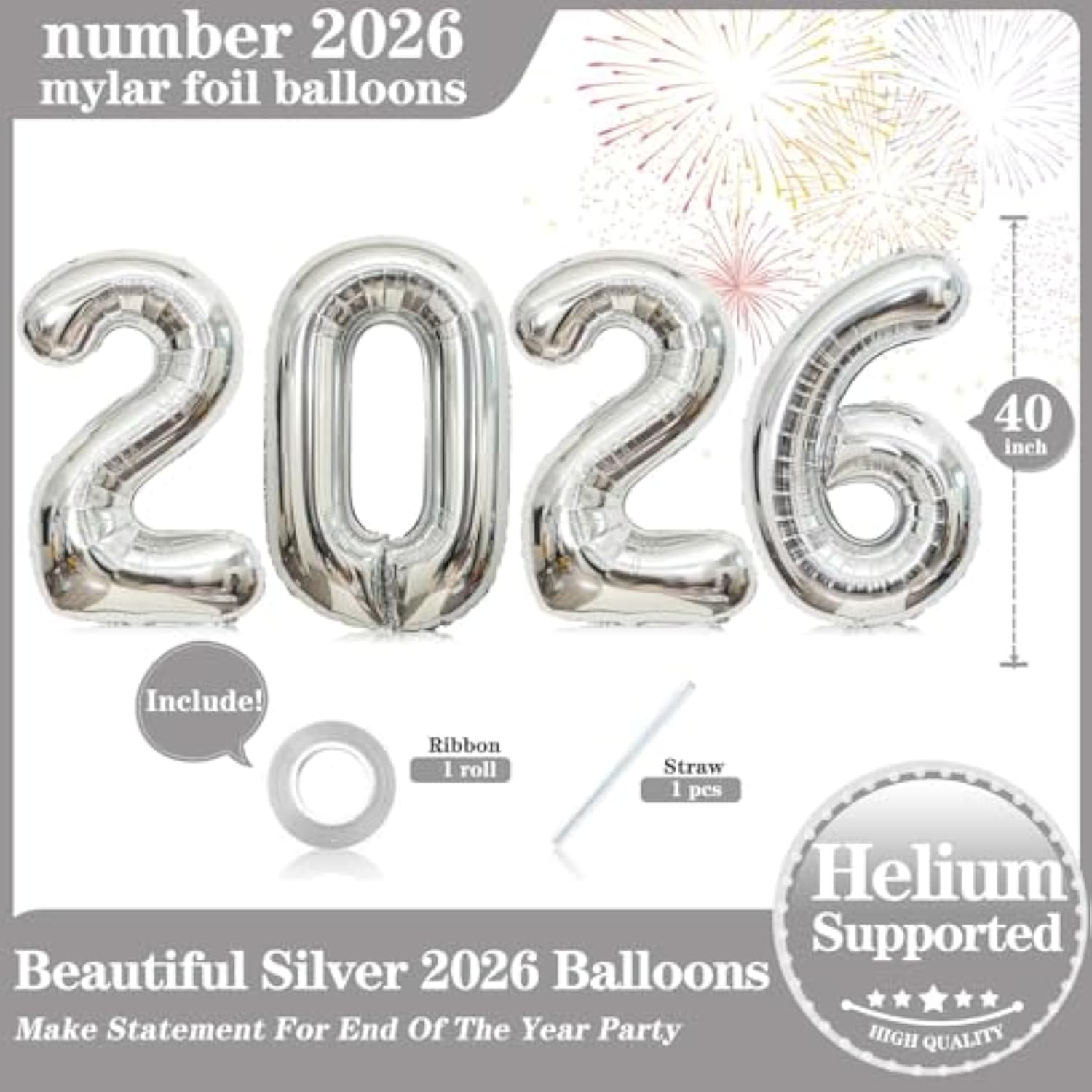 40-Inch Silver Number 2026 Foil Balloons for New Year Party Decor