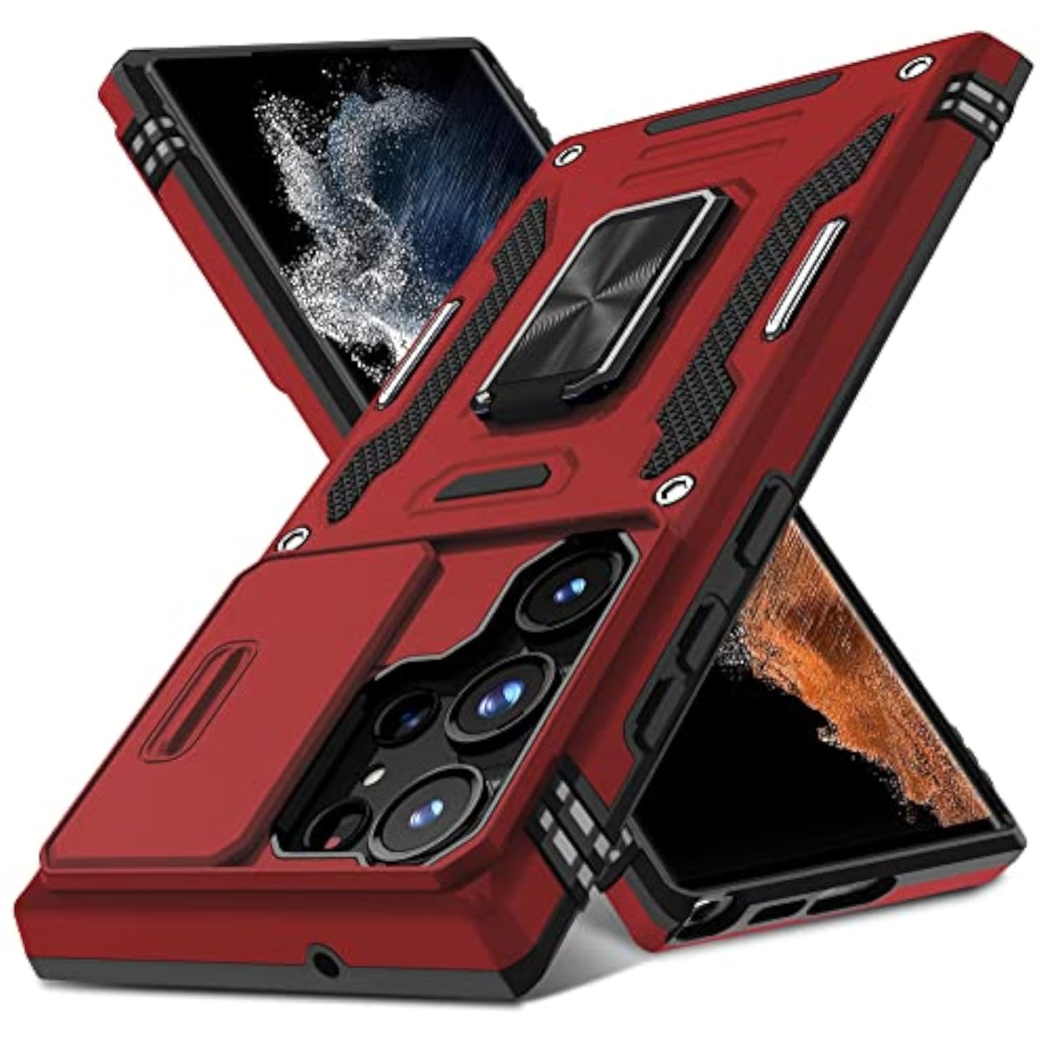 Case For Samsung Galaxy S23 Ultra With Slide Camera Cover,Rotated Ring Kickstand Military Grade Shockproof Protective Cover-Red