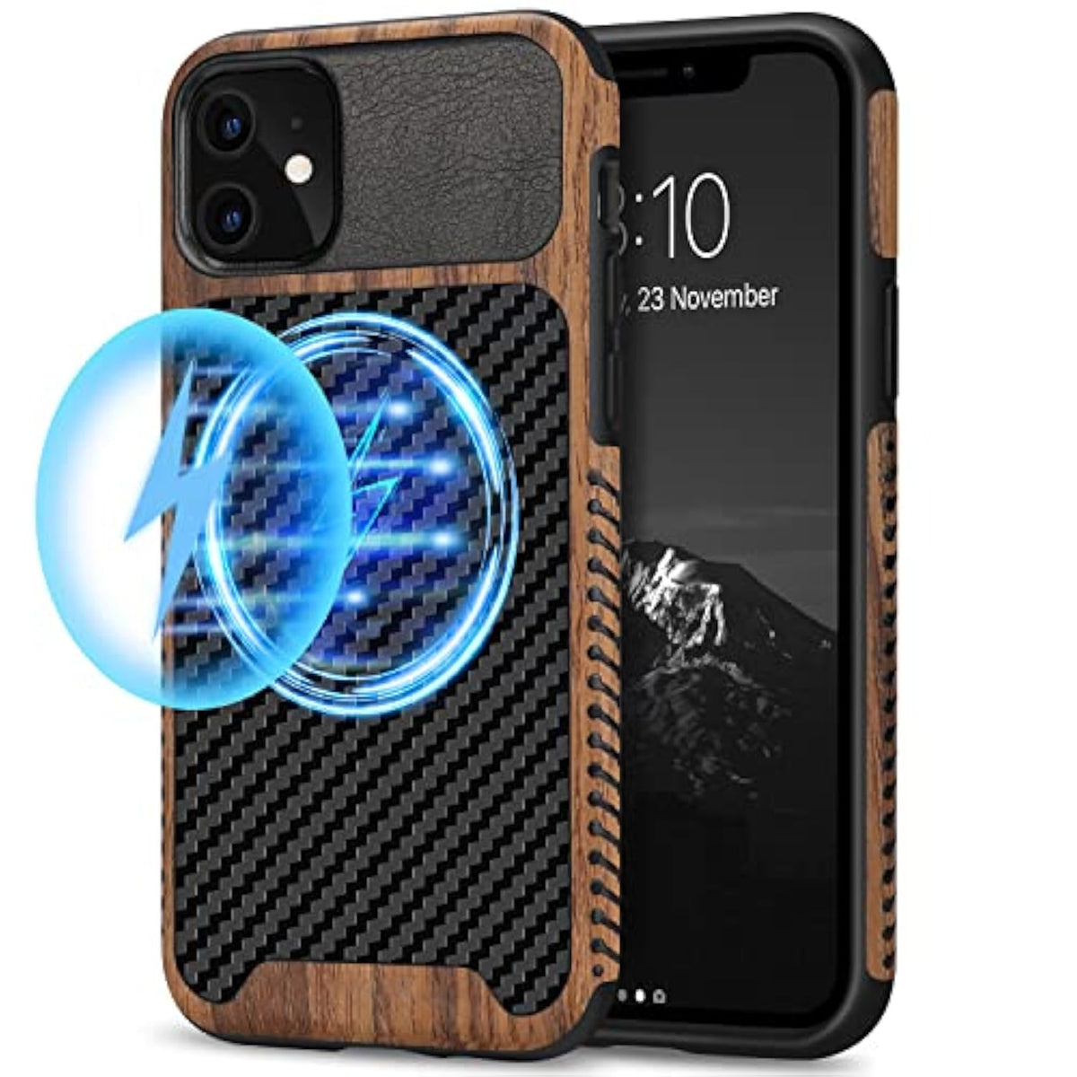 Magnetic Case Compatible With Iphone 11 Case Wood Grain With Carbon Fiber Texture Design Leather Hybrid Slim Case (Compatible With Magsafe) Black