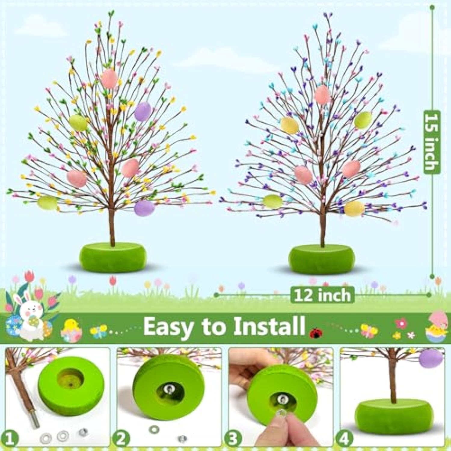 Easter Decorations 2 Pack Easter Tree With 14 Pastel Eggs Ornaments And Floral Berry Blossom, 15'' Tabletop Artificial Tree Easter Decor For Spring Party Table Centerpiece Room Home