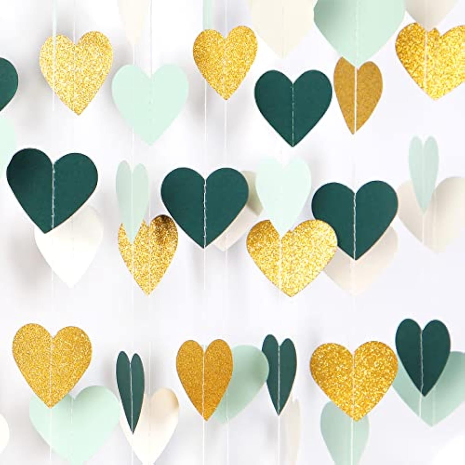 Sage-Green Mint Beige-Gold Love-Heart Garland - 52Ft Rustic Wedding Hanging Decoration Streamers Banner, Baby Safari Birthday Bachelorette Bridal Shower Engagement Valentines Party Decor