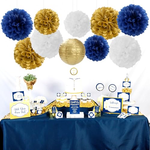Navy-Blue Gold Party-Decorations Paper-Flowers Lanterns - 15PCS Royal White Baby Bridal Shower Tissue Pom Poms Streamers, Bachelorette Birthday Wedding Graduation Hanging Supplies Decor