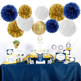 Navy-Blue Gold Party-Decorations Paper-Flowers Lanterns - 15PCS Royal White Baby Bridal Shower Tissue Pom Poms Streamers, Bachelorette Birthday Wedding Graduation Hanging Supplies Decor