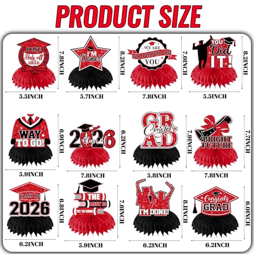 Red and Black Graduation Decorations Class Of 2026 Honeycomb Centerpiece,12pcs Red Graduation Table Decorations Congrats Graduation Centerpieces for Tables