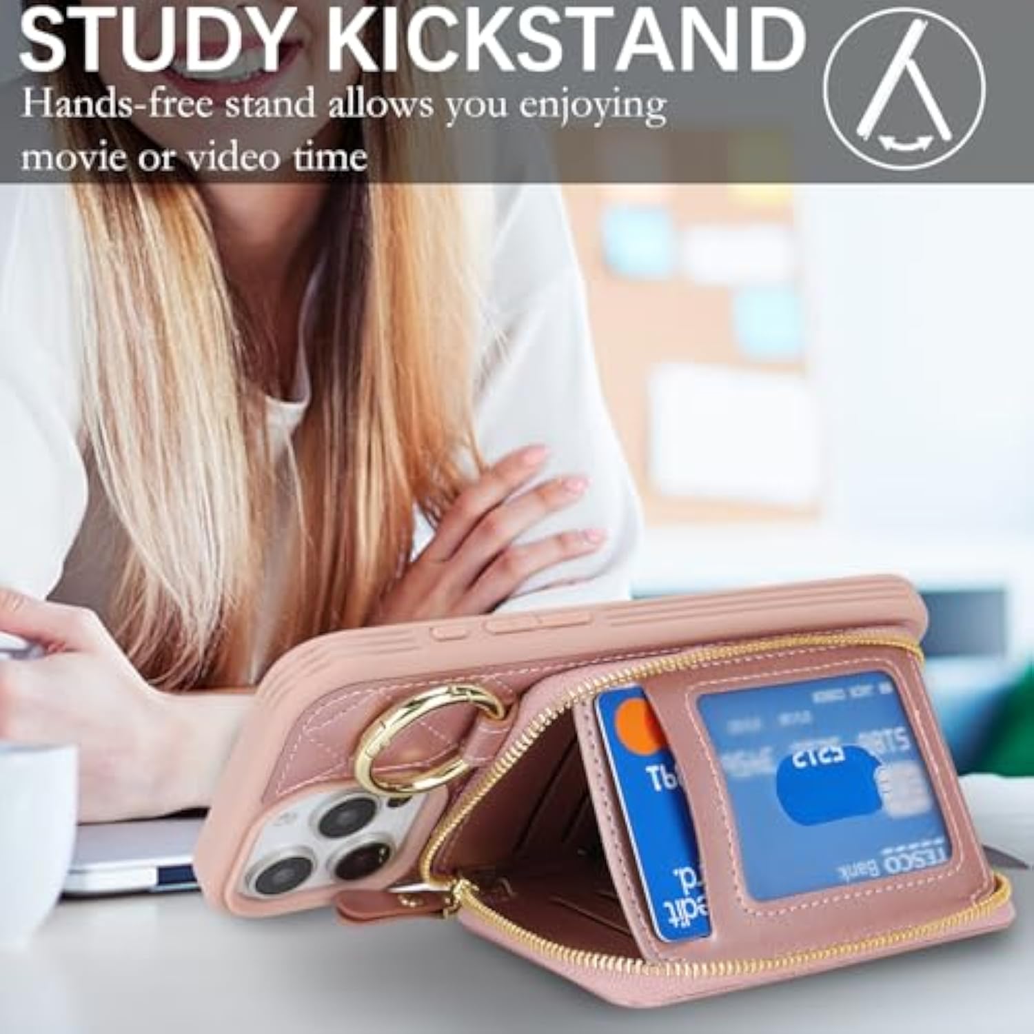 For Iphone 13 Pro Max Case Wallet With Card Holder,For Iphone 13 Pro Max Phone Case Wallet With Zipper With Slot Kickstand Stand Case For Women And Man 5G 6.7 Inch-Rose Gold