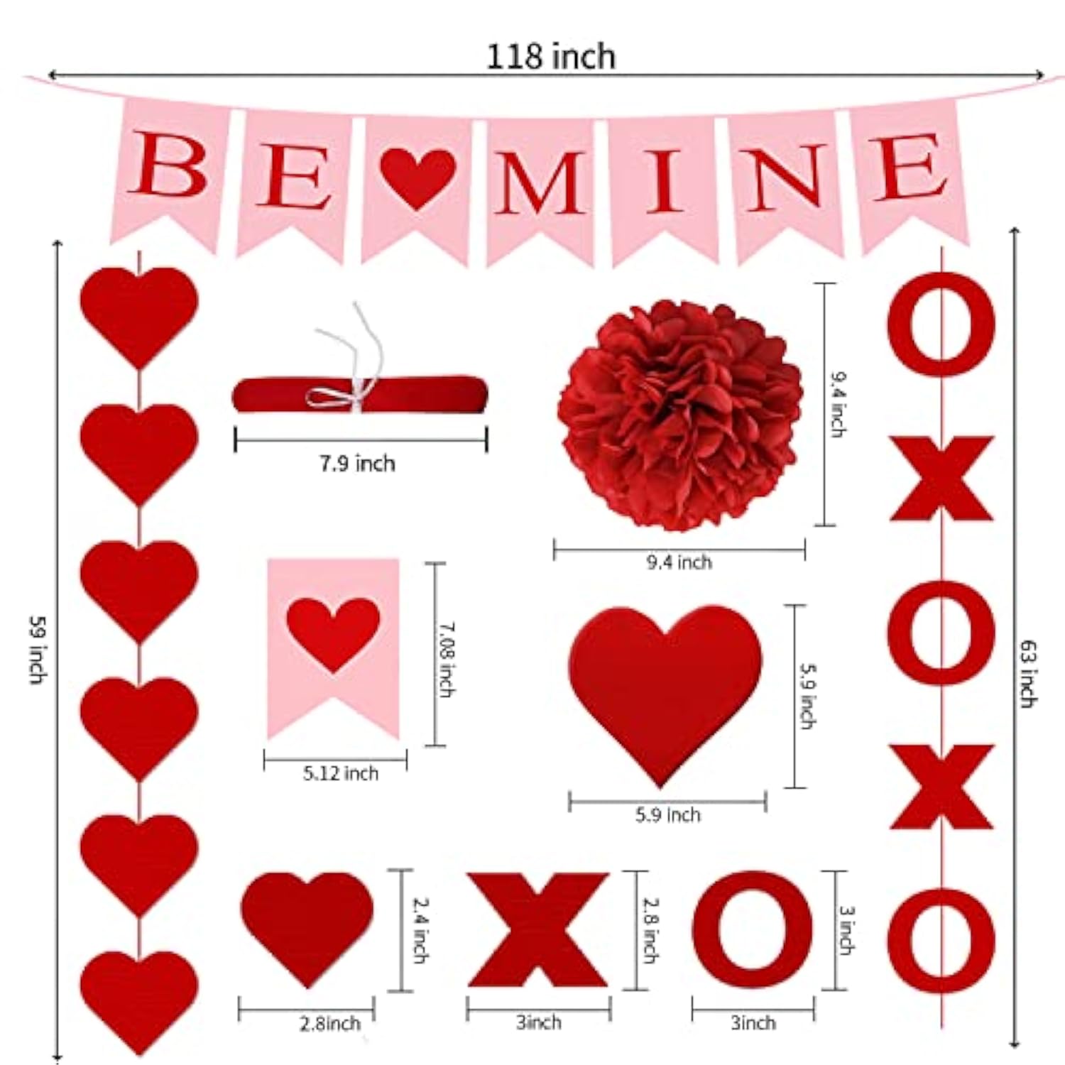 21Pcs Valentines Day Decorations Valentines Day Decor Pre-Assembled Hanging Heart Swirls Be Mine Love Heart Xo Garlands Banner For Home Classroom Office Wedding Party