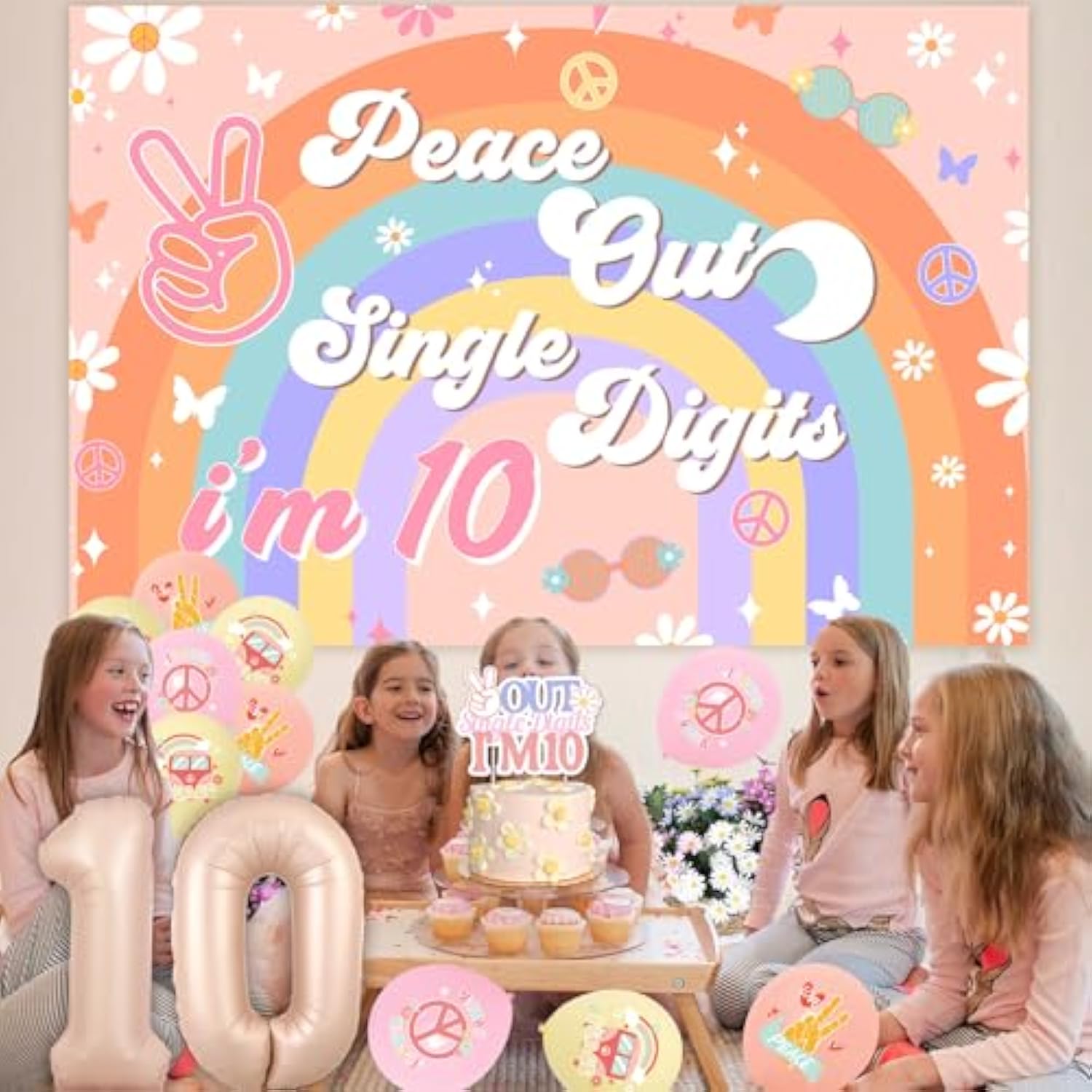 Peace Out Single Digits Party Decoration Girl, Groovy 10Th Birthday Decorations Boho Happy Birthday Banner Peace Out Single Digits I’M 10 Backdrop Cake Topper Number 10 Foil Balloon For 10Th Birthday