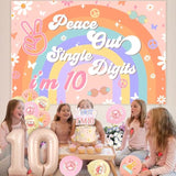 Peace Out Single Digits Party Decoration Girl, Groovy 10Th Birthday Decorations Boho Happy Birthday Banner Peace Out Single Digits I’M 10 Backdrop Cake Topper Number 10 Foil Balloon For 10Th Birthday