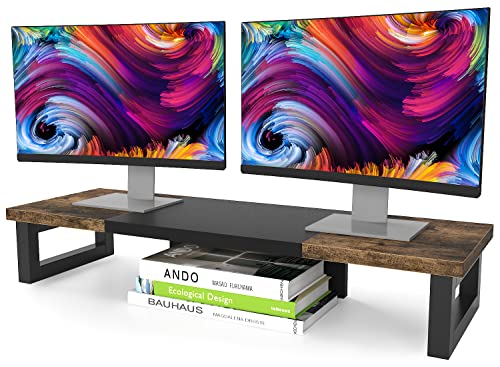 Dual Monitor Stand Riser, Wood And Steel Multi-Purpose Desktop Storage Stand For 2 Monitors For Computer, Laptop, Printer, Tv, Rustic Brown