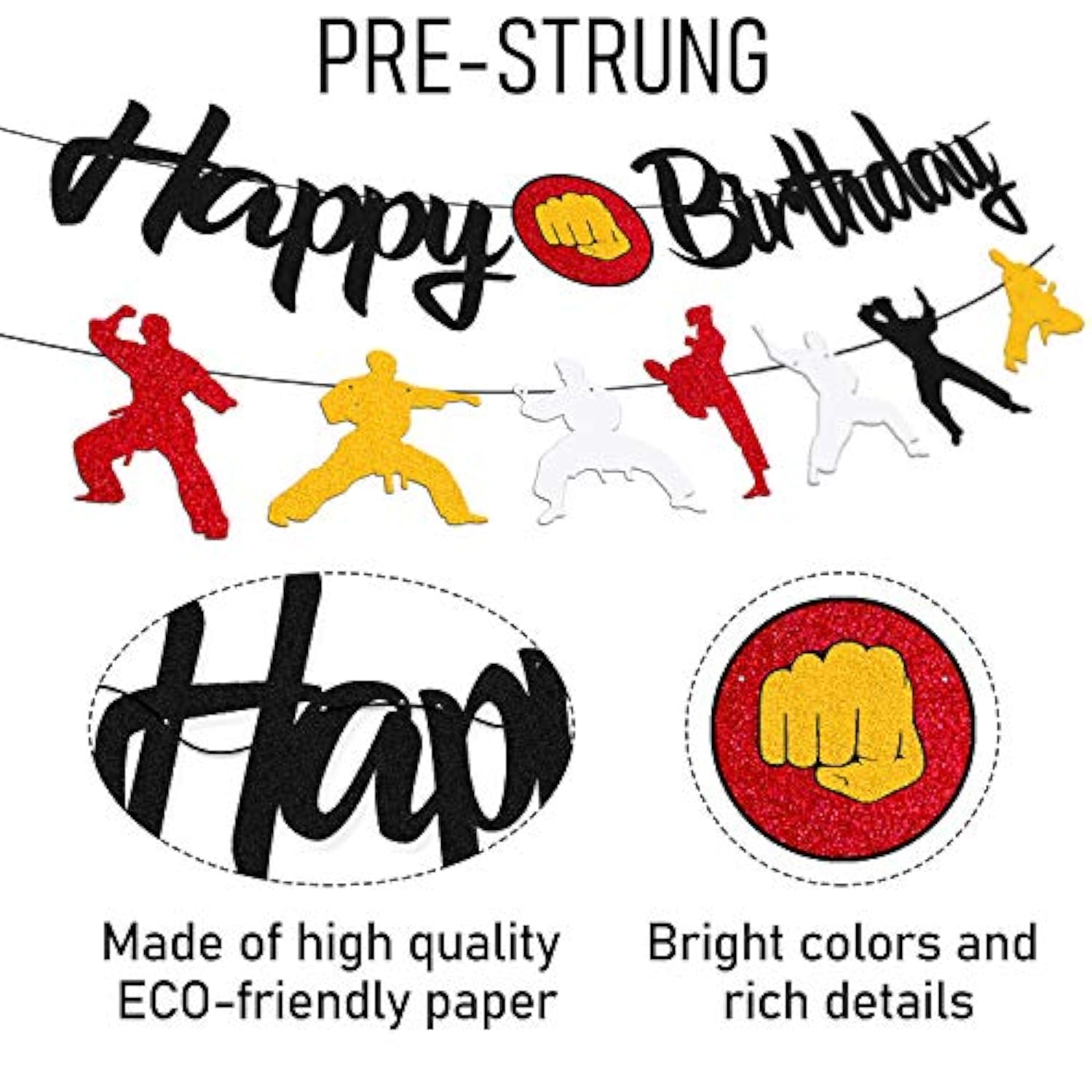 Karate Taekwondo Birthday Banner Black Glitter Party Decorations for Kids & Adults