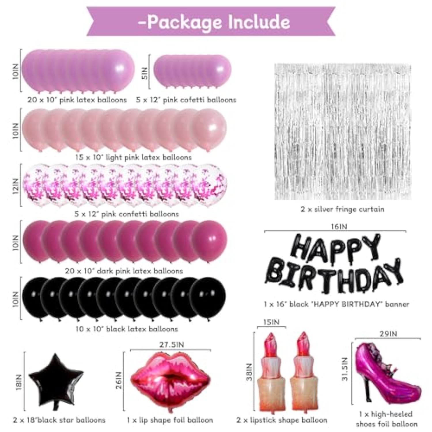 Pink And Black Birthday Decorations For Women Girls, Pink Happy Birthday Decorations Happy Birthday Banner Balloons Fringe Curtain Giant Foil Hot Pink Lipstick Balloons Bday Party Decor For Her