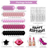 Pink And Black Birthday Decorations For Women Girls, Pink Happy Birthday Decorations Happy Birthday Banner Balloons Fringe Curtain Giant Foil Hot Pink Lipstick Balloons Bday Party Decor For Her