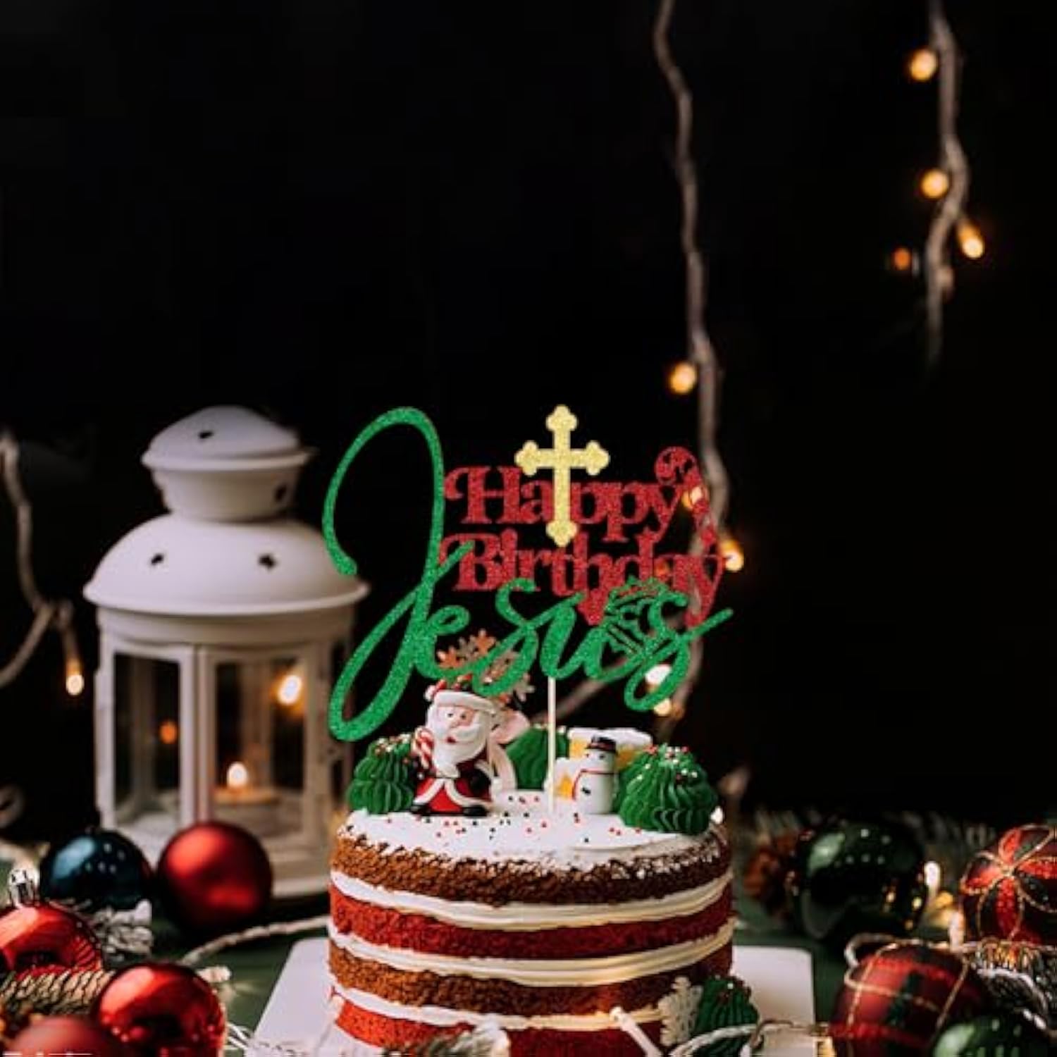 Glitter Happy Birthday Jesus Cake Topper - Jesus Birthday, Good Friday/Kids Adults Birthday Party Cake Decoration, Christmas Holidays Winter Party Supplies
