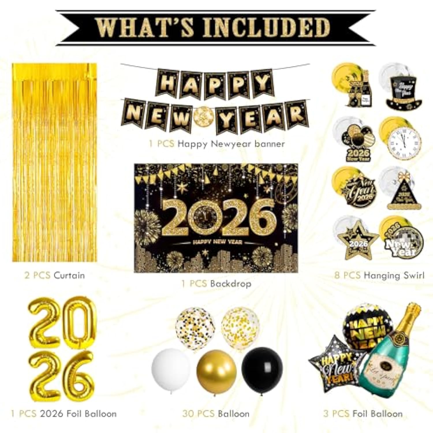 Complete 2026 Black & Gold NYE Decor Set Backdrop, Banner, Fringe & Swirls