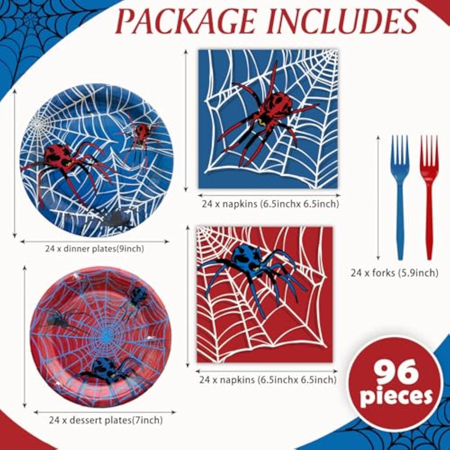 96 Pcs Spider Party Supplies Disposable Tableware Set Serve 24 Guests Include Spider Web Paper Plates And Napkins Plastic Forks For Birthday Party Baby Shower Halloween Decorations(Classic)