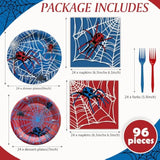 96 Pcs Spider Party Supplies Disposable Tableware Set Serve 24 Guests Include Spider Web Paper Plates And Napkins Plastic Forks For Birthday Party Baby Shower Halloween Decorations(Classic)