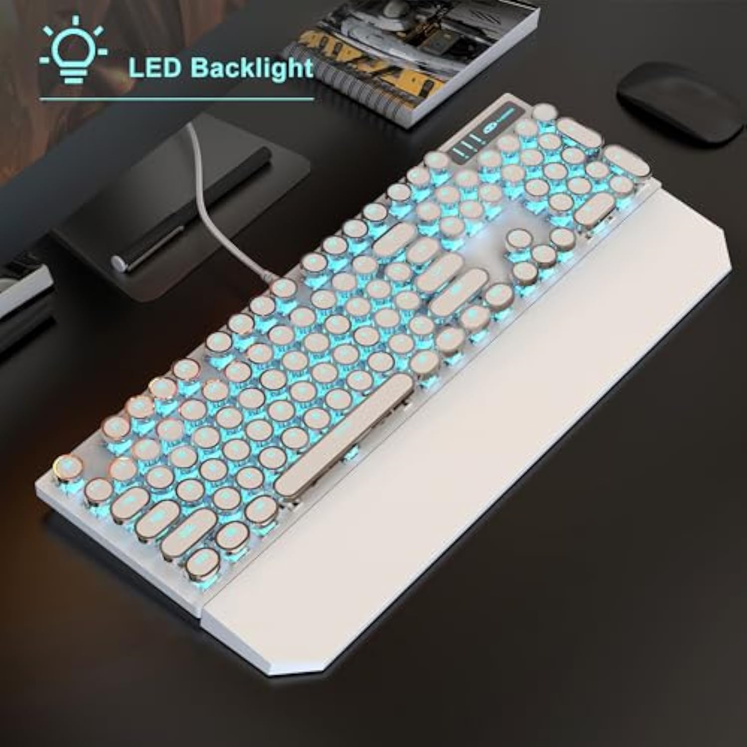 Typewriter Mechanical Gaming Keyboard And Mouse Combo, Retro Punk Round Keycaps Rgb Rainbow Backlit Wired Keyboard For Game And Office, For Windows Laptop Pc, Red Switches(White)