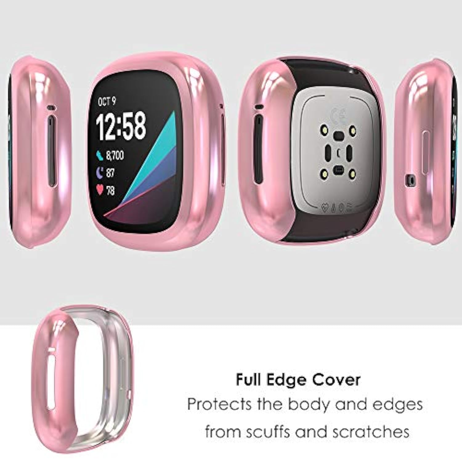 5Pack Full Screen Protector Case Compatible With Fitbit Sense/Versa 3, Soft Slim Tpu Plated Bumper Case Compatible With Fit Bit Versa3 Sense Smartwatch, Rose Pink/Rose Gold/Clear/Silver/Black