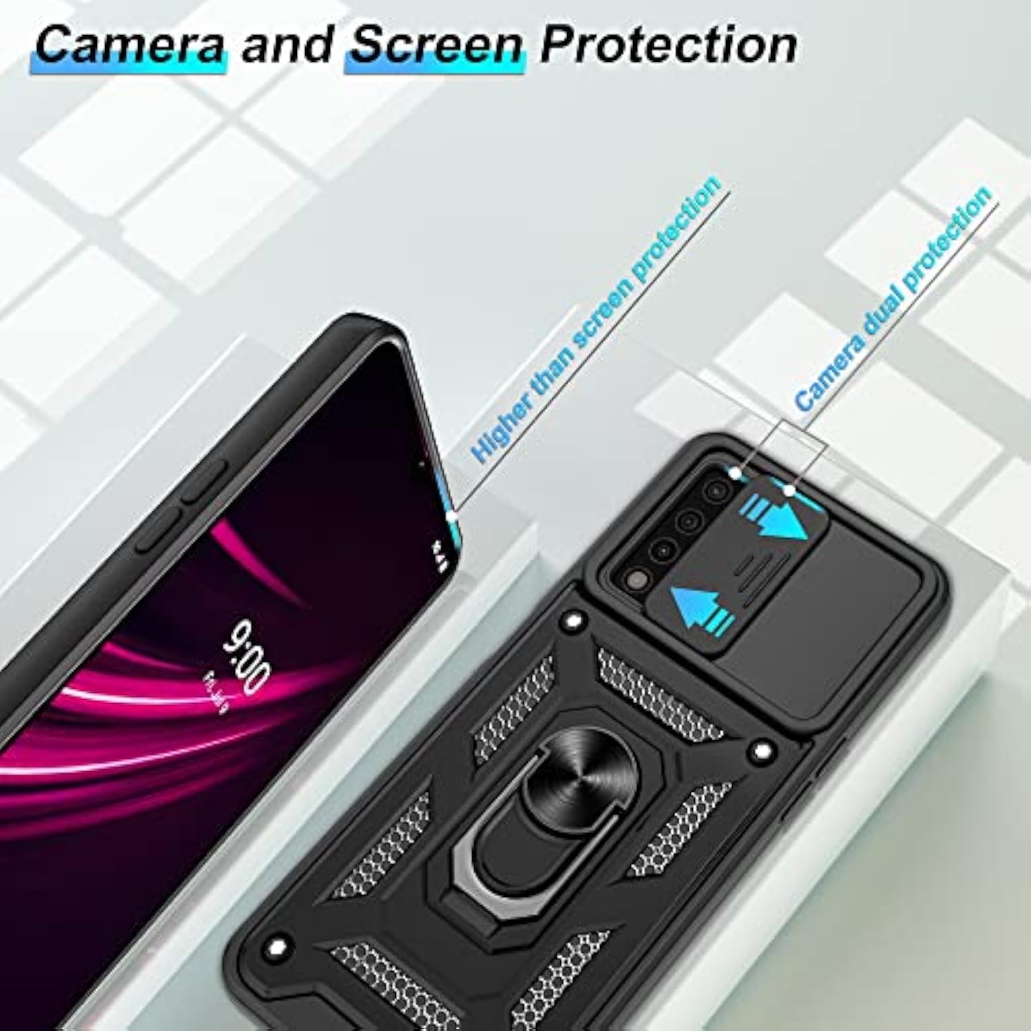 For T-Mobile Revvl V Plus 5G Case With Hd Screen Protector With Slide Camera Cover, 360° Rotation Ring Kickstand [Military Grade] Protective Case For T-Mobile Revvl V Plus 5G,Black