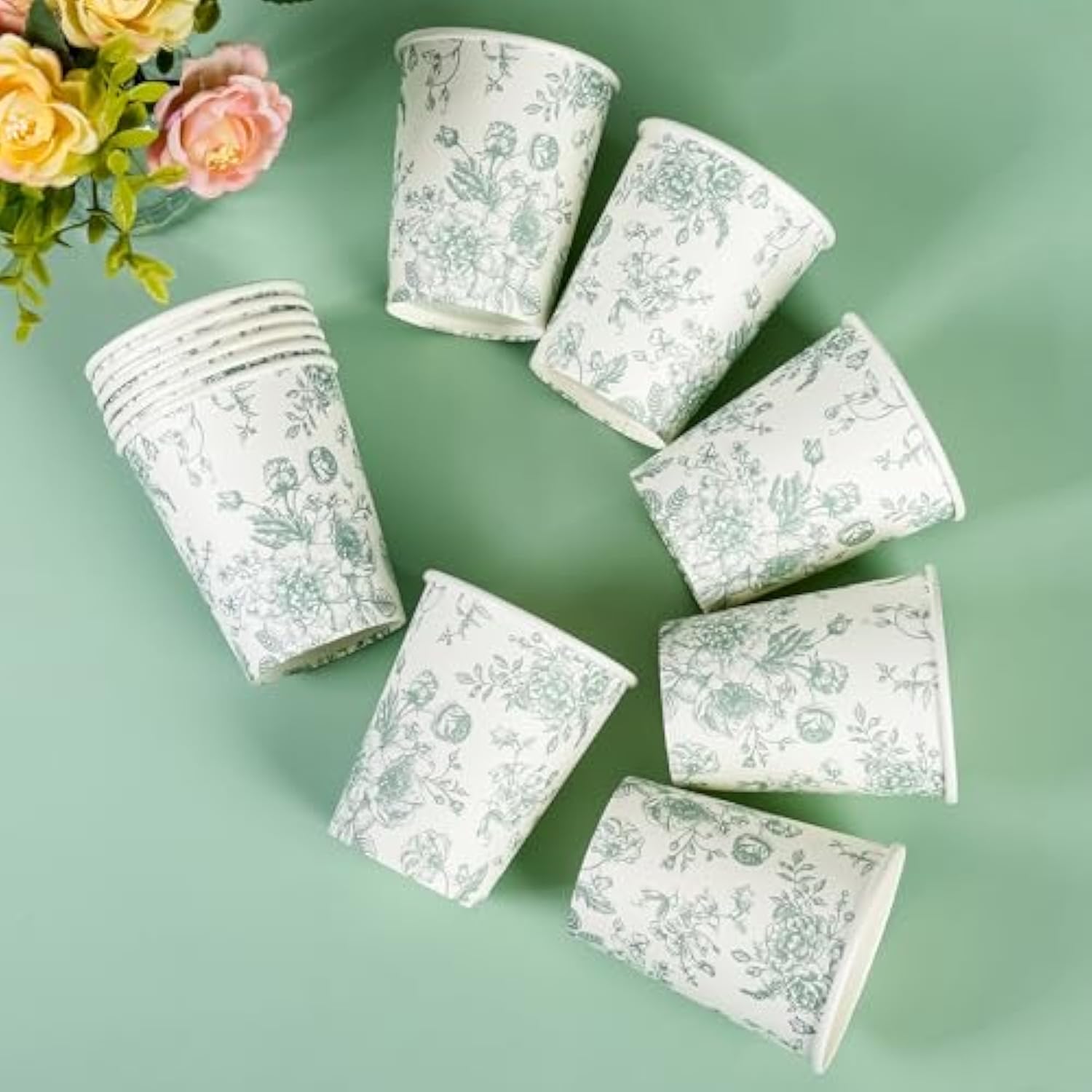 100Pcs Floral Paper Cups Sage Green Flowers Paper Cups 9Oz Disposable Green And White Toile Chinoiserie Drinking Cups For Bridal Baby Shower Birthday Party Supplies