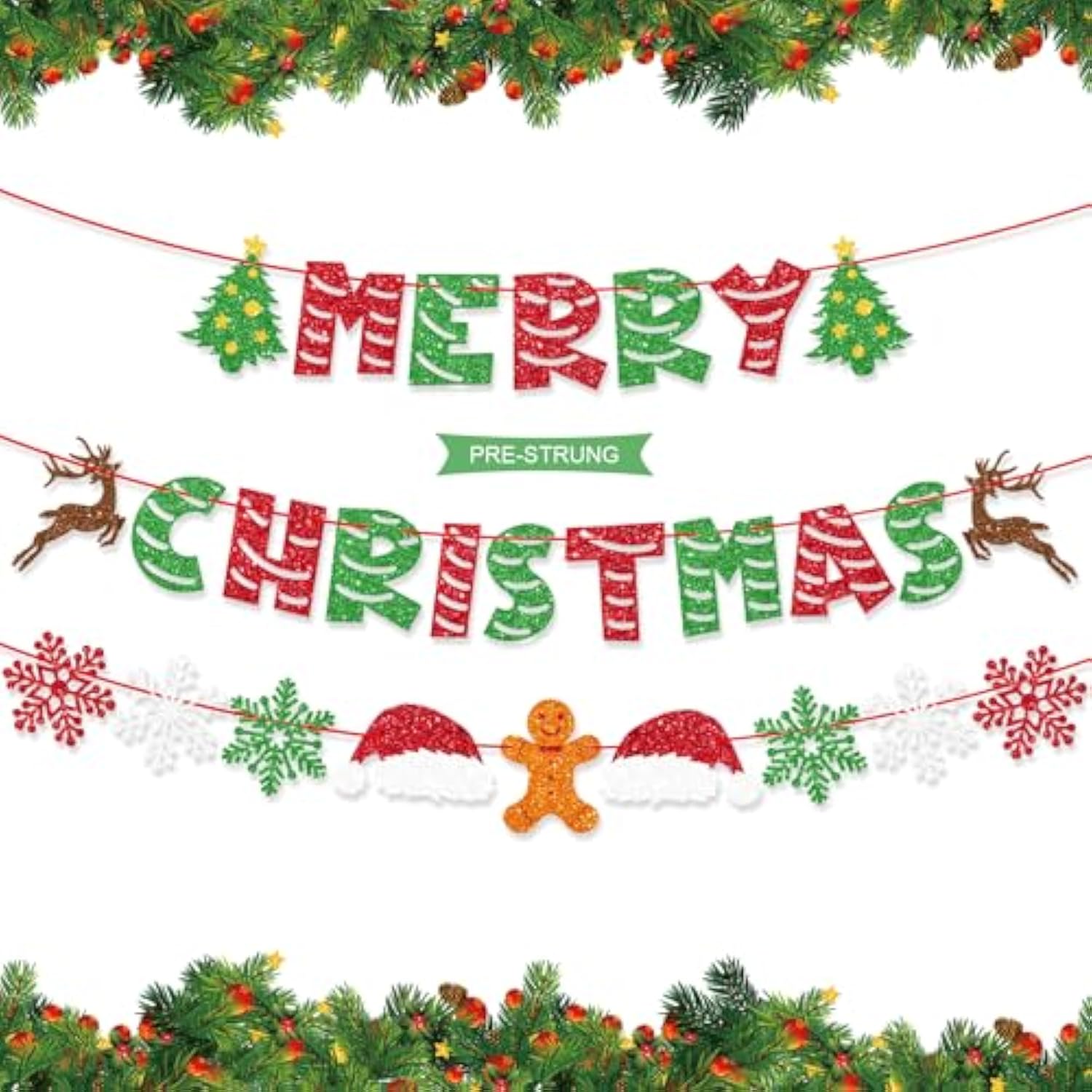 Pre-Strung Glitter Merry Christmas Banner For Christmas Decorations, With Santa Hat, Christmas Tree, Reindeer, Snowflakes, And Gingerbread Man, Christmas Party Supplies, Green