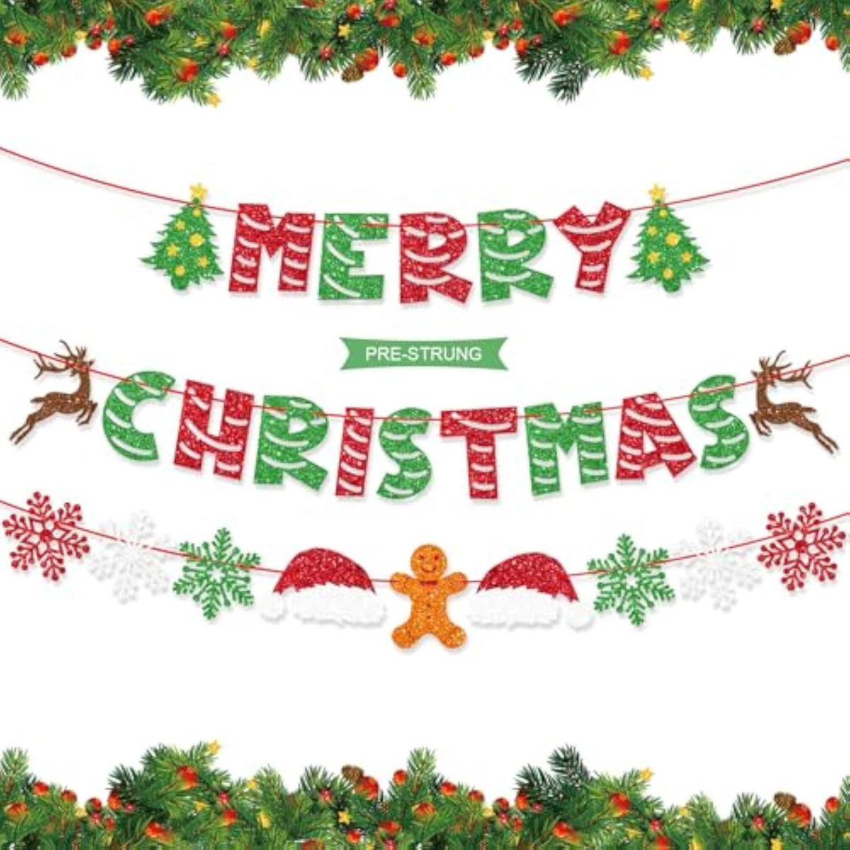 Pre-Strung Glitter Merry Christmas Banner For Christmas Decorations, With Santa Hat, Christmas Tree, Reindeer, Snowflakes, And Gingerbread Man, Christmas Party Supplies, Green