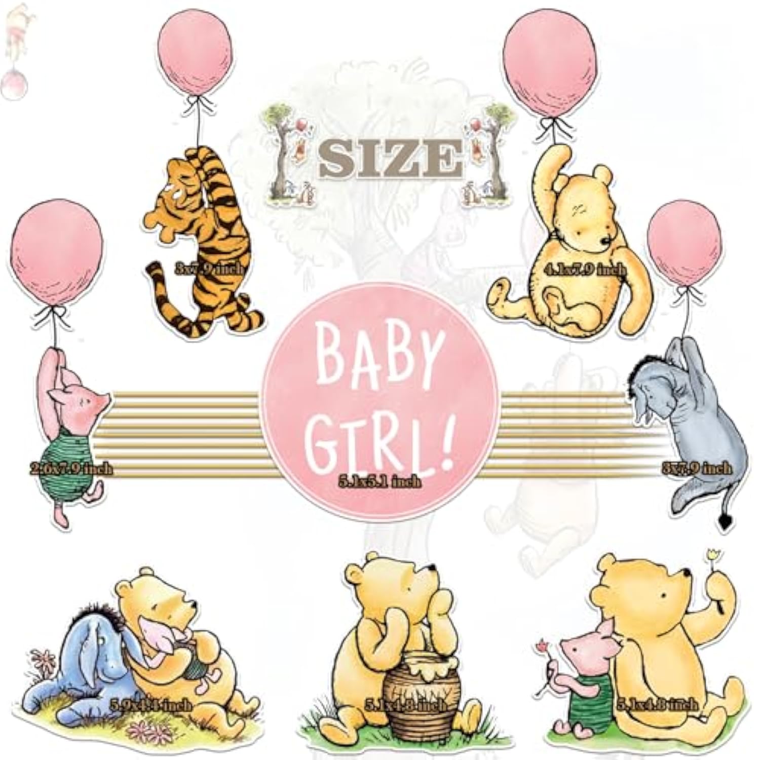 16Pcs Winnie Centerpieces For Baby Shower Decorations Girls Table Signs For Girls Baby Shower Birthday Party Decorations