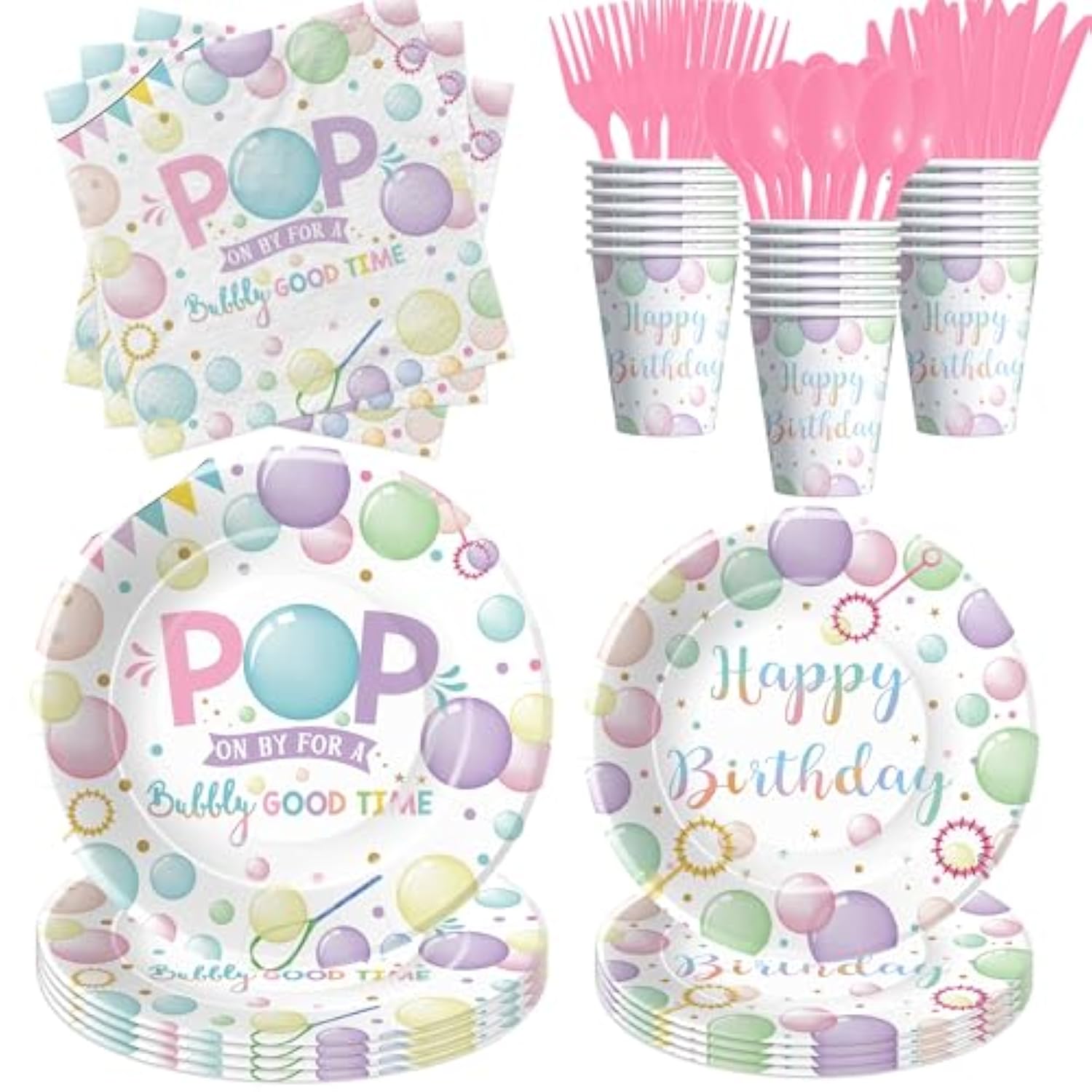 Bubble Birthday Party Decorations Tableware For Girl, Summer Pastel Pop On Over Bubbles Theme Party Supplies For Birthday Baby Shower, Paper Plate, Napkin, Cup, Disposable Cutlery, Serves 24
