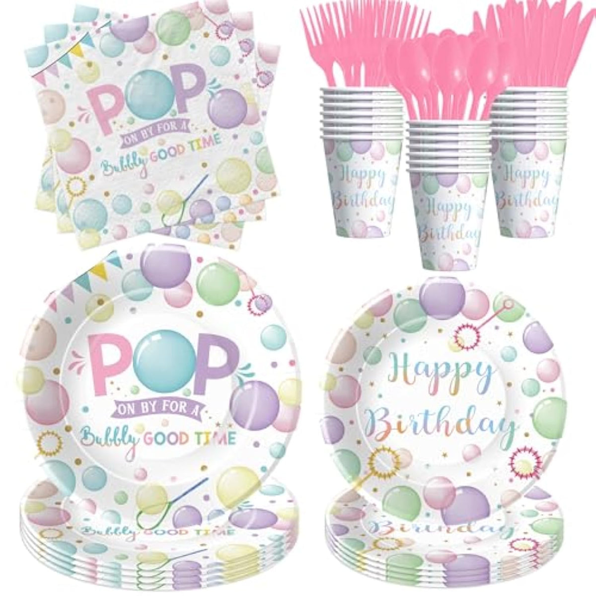 Bubble Birthday Party Decorations Tableware For Girl, Summer Pastel Pop On Over Bubbles Theme Party Supplies For Birthday Baby Shower, Paper Plate, Napkin, Cup, Disposable Cutlery, Serves 24