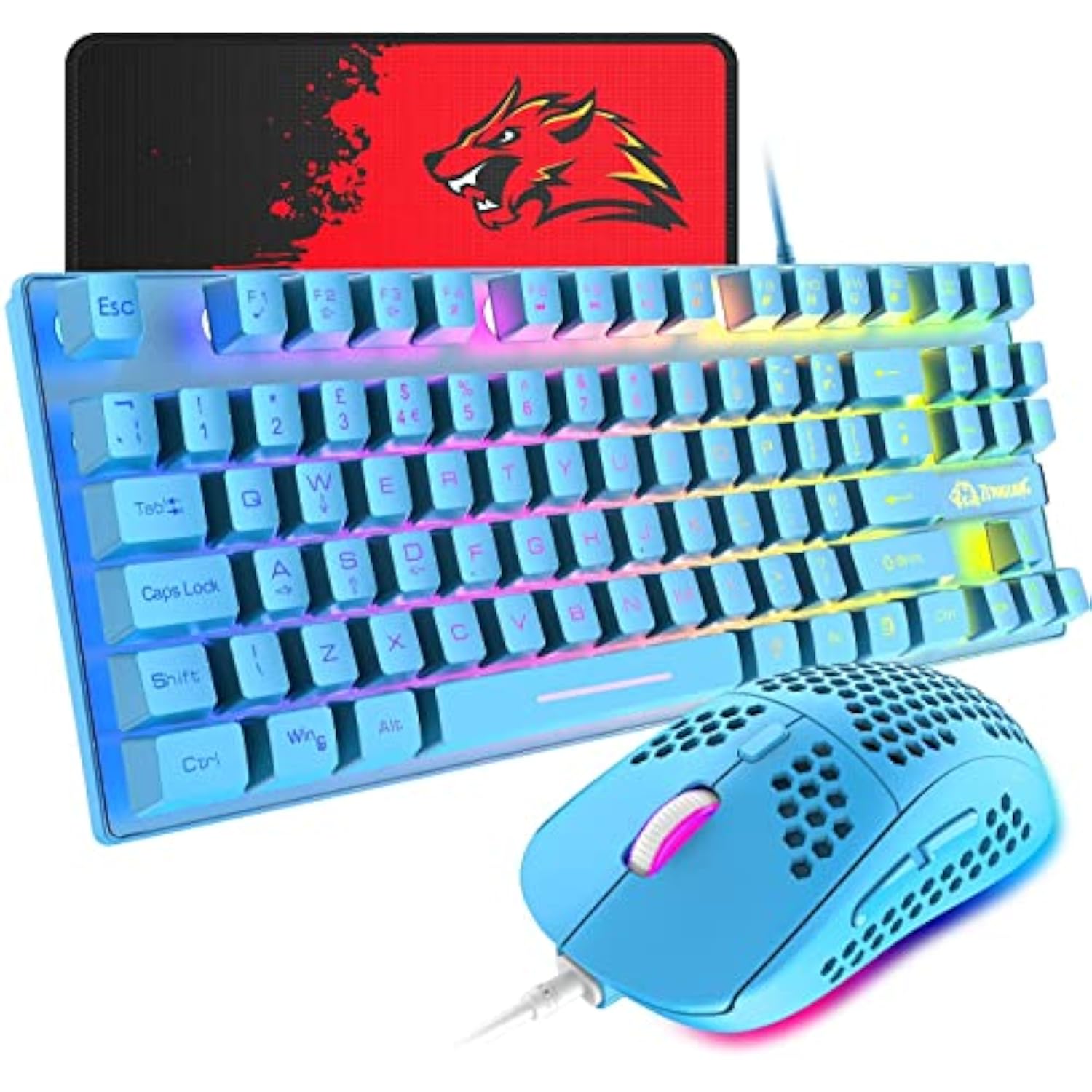 Gaming Keyboard and Mouse Combo,88 Keys Compact Rainbow Backlit Mechanical Feel Keyboard,RGB Backlit 6400 DPI Lightweight Gaming Mouse with Honeycomb Shell for Windows PC Gamers (Blue)