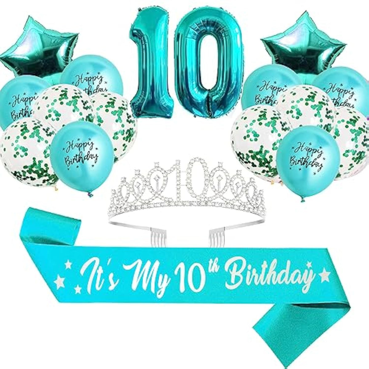 10th Birthday Decorations for Girls, Teal Glitter Sash, Silver Crown, Balloons & More