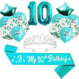 10th Birthday Decorations for Girls, Teal Glitter Sash, Silver Crown, Balloons & More