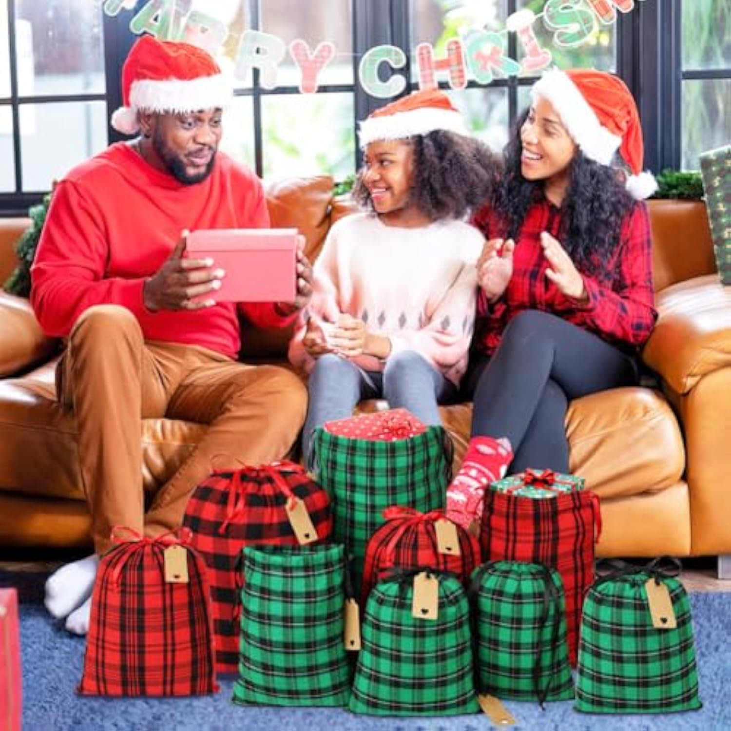 Fabric Christmas Gift Bags Assorted (Large 20In, Medium 16In, Small 12In), 9Pcs Cotton Gift Wrapping Sacks Cloth Pouches For Xmas Presents