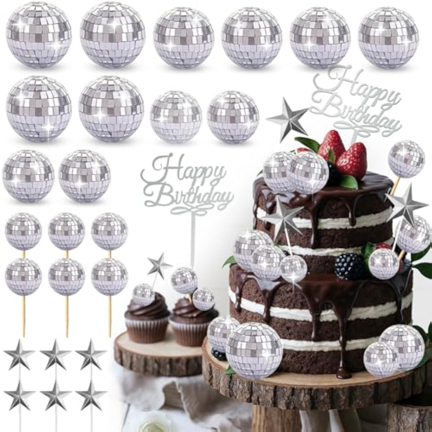 33Pcs Disco Ball Cupcake Toppers, Happy Birthday Cake Topper Set, 1970S Disco Ball Cake Picks & Disco Theme Cake Decorations, Fun 70S Disco Party Favors For Birthday, Wedding & Retro Dance Party