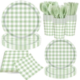 140Pcs Gingham Party Supplies For 20 Guests Thick Paper Plates And Napkins Knives Spoons Forks Cups Disposable Party Set Cutlery For Dinner Baby Shower Wedding Favor (Green)