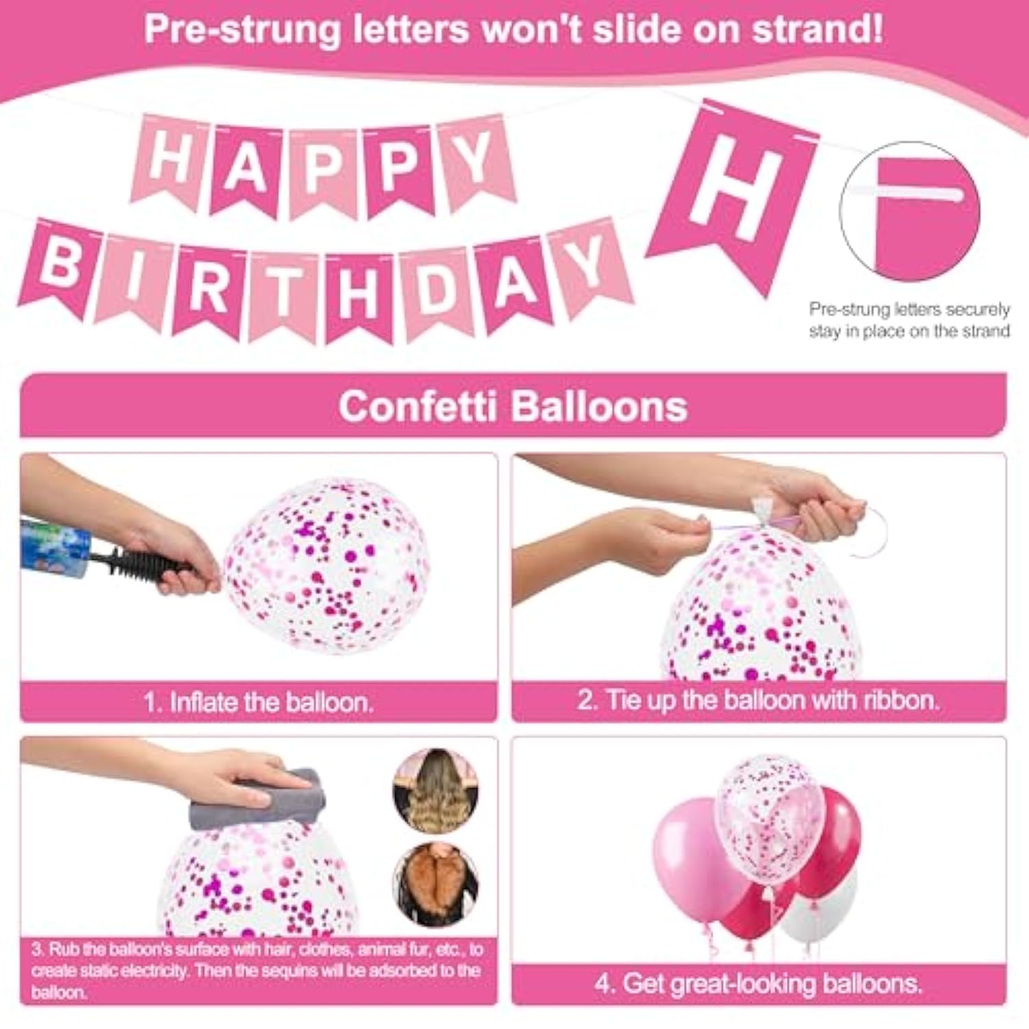 Pink Happy Birthday Decorations Kit For Women Girls Kids, Pre-Strung Birthday Banner Sign With Tissue Paper Poms, Star Garland, Balloons, Hanging Swirls Streamers For Party Decor
