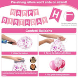 Pink Happy Birthday Decorations Kit For Women Girls Kids, Pre-Strung Birthday Banner Sign With Tissue Paper Poms, Star Garland, Balloons, Hanging Swirls Streamers For Party Decor