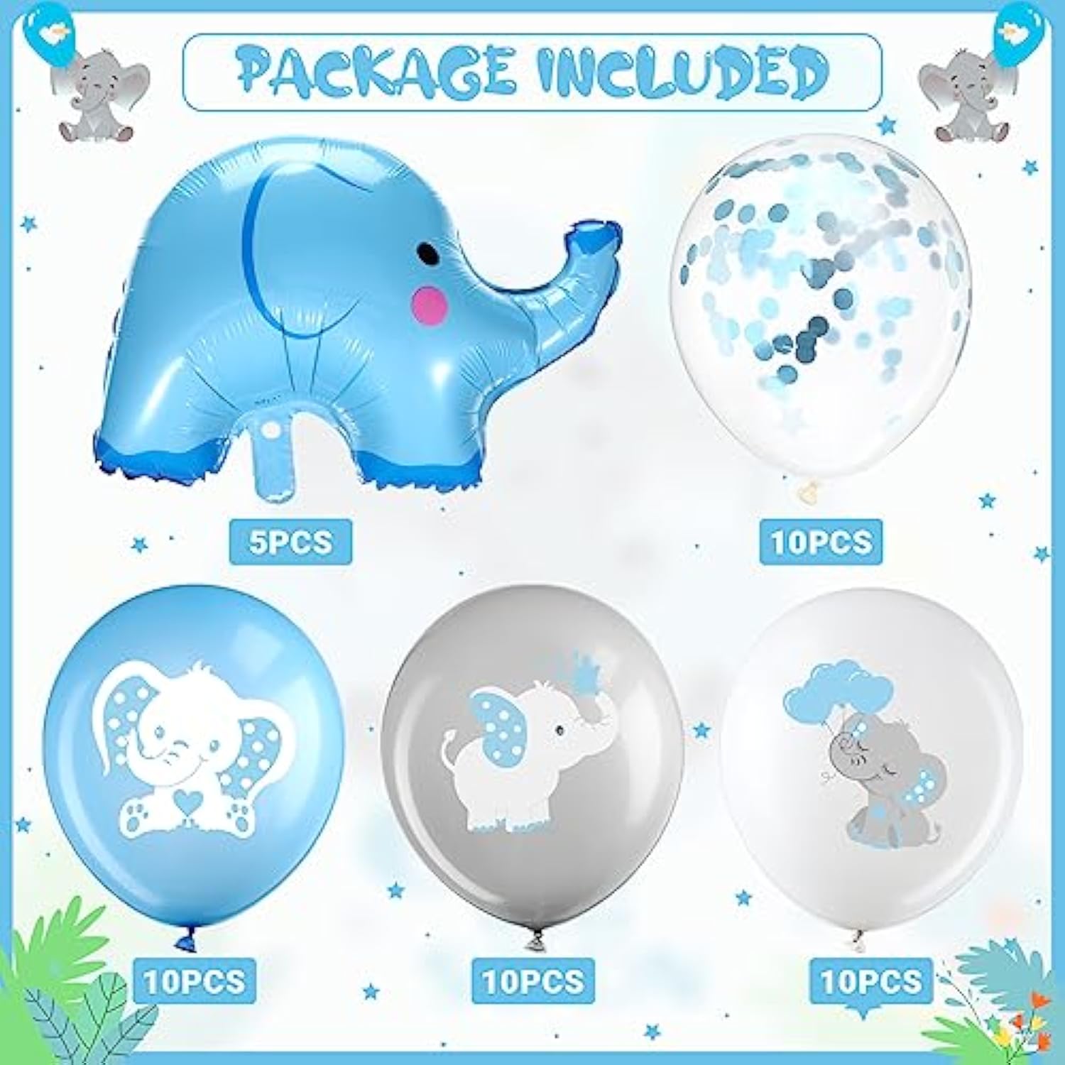 45 Pieces Elephant Balloon 12 Inch Baby Shower Elephant Balloon For Baby Boy Girl Gender Reveal Animal Themed Birthday Party Supplies Indoor Outdoor Decor(Blue, Grey, White)
