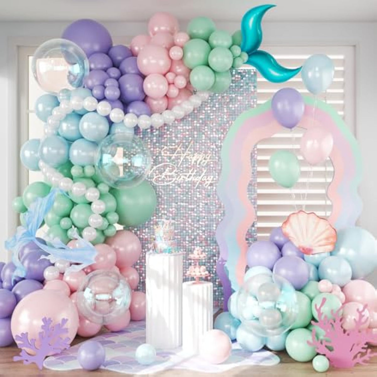 Mermaid Balloon Garland Arch Kit,145Pcs Purple Pastel Pink Light Blue Balloons With Mermaid Tails Foil Balloons For Birthday Gender Reveal Baby Shower Ocean Themed Party Decorations