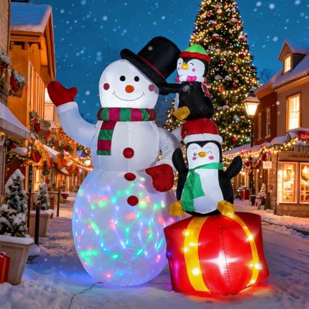 Christmas Inflatables Snowman With Penguins, Xmas Blow Up Magic Hat Snow Man With Rotating Led Lights, Outdoor Decoratio