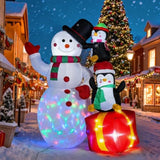 Christmas Inflatables Snowman With Penguins, Xmas Blow Up Magic Hat Snow Man With Rotating Led Lights, Outdoor Decoratio