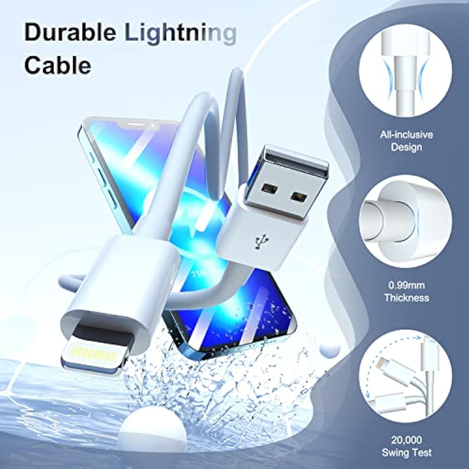 3-Pack 6Ft MFi Lightning Cable Fast Charger for iPhone & iPad